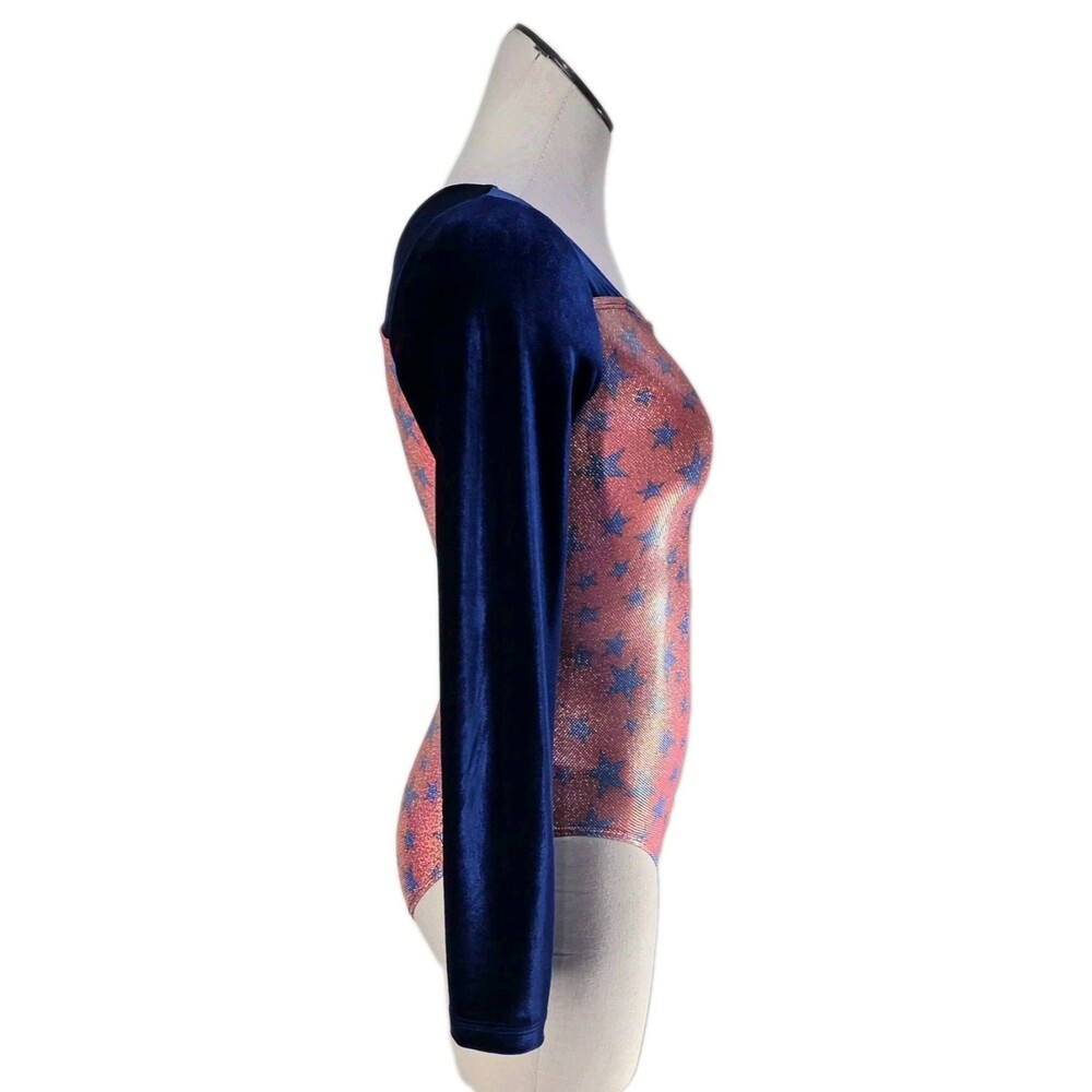 GK Elite VTG Shimmering Patriotic Holographic LS Velvet Leotard Red Blue Size AM - Picture 9 of 16